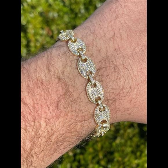 14k Gold Real 925 Sterling Silver Mens Iced Puffed Gucci Link Bracelet Diamond - Picture 1 of 9